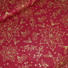 Tecido Tricoline Natalino Contorno de Flores Dourado fd Vermelho 