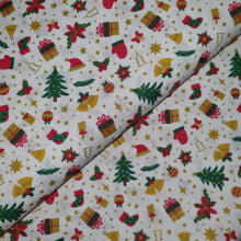 Tecido Tricoline Natalino Enfeites de Natal fd Branco