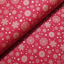 Tecido Tricoline Natalino Flocos de Neve Dourado fd Vermelho 