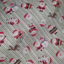 Tecido Tricoline Natalino Papai Noel fd Listras Bege