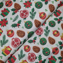Tecido Tricoline Natalino Pinhas e Romãs de Natal