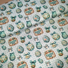 Tecido Tricoline Digital Pascoa Ovos Decorados Fundo Xadrez Azul