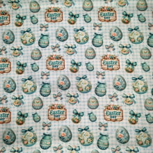 Tecido Tricoline Digital Pascoa Ovos Decorados Fundo Xadrez Azul