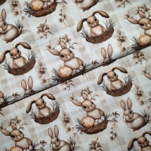 Tecido Tricoline Digital Pascoa  Coelinho na Cesta com Ovos  Fundo Xadrez Marrom