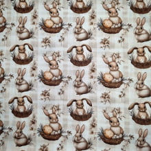 Tecido Tricoline Digital Pascoa  Coelinho na Cesta com Ovos  Fundo Xadrez Marrom