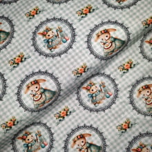 Tecido Tricoline Digital Pascoa Porta Retrato Coelinha Fundo Xadrez Verde  