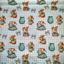 Tecido Tricoline Digital Pascoa Coelinhas e Ovos Decorados Fundo Xadrez Azul