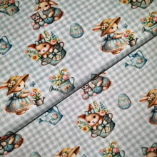 Tecido Tricoline Digital Pascoa  Coelinha Jardineira Fundo Xadrez Verde  