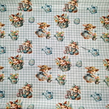 Tecido Tricoline Digital Pascoa  Coelinha Jardineira Fundo Xadrez Verde  