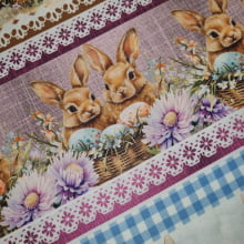 Tecido Tricoline Digital Barrado Coelhos e Flores