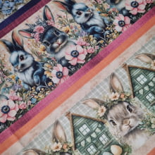 Tecido Tricoline Digital Barrado Coelhos e Flores