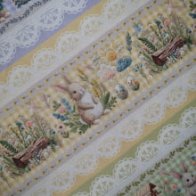 Tecido Tricoline Digital Barrado Páscoa Coelhinhos Bordados