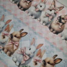 Tecido Tricoline Digital Barrado Páscoa Coelhinhos com Laços  Realistas