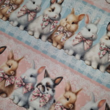 Tecido Tricoline Digital Barrado Páscoa Coelhinhos com Laços  Realistas