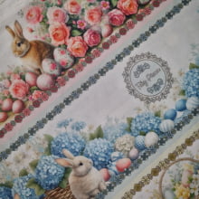 Tecido Tricoline Digital Barrado Páscoa Coelhinhos e Flores