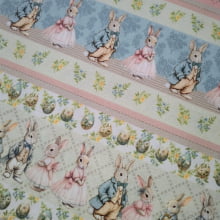 Tecido Tricoline Digital Barrado Páscoa Coelhos Vintage