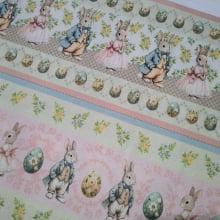 Tecido Tricoline Digital Barrado Páscoa Coelhos Vintage