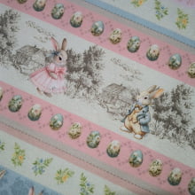 Tecido Tricoline Digital Barrado Páscoa Coelhos Vintage