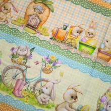 Tecido Tricoline Digital Pascoa Barrados Coelhos e Pintinhos