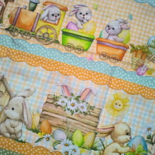 Tecido Tricoline Digital Pascoa Barrados Coelhos e Pintinhos