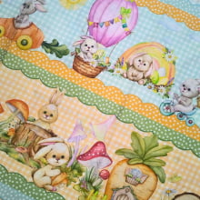 Tecido Tricoline Digital Pascoa Barrados Coelhos e Pintinhos