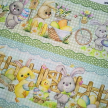 Tecido Tricoline Digital Pascoa Barrados Coelhos e Pintinhos