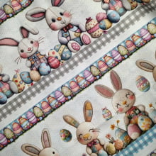 Tecido Tricoline Digital Pascoa Barrados Coelinho de Feltro Colorido