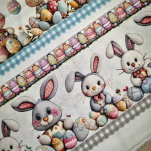 Tecido Tricoline Digital Pascoa Barrados Coelinho de Feltro Colorido