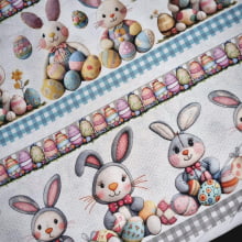 Tecido Tricoline Digital Pascoa Barrados Coelinho de Feltro Colorido