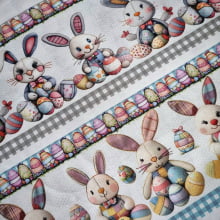 Tecido Tricoline Digital Pascoa Barrados Coelinho de Feltro Colorido