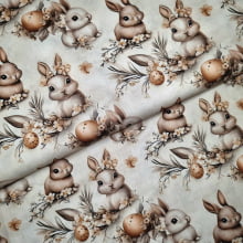 Tecido Tricoline Digital Pascoa  Coelinho com Ovos na Primavera  Fundo  Marrom 