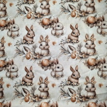 Tecido Tricoline Digital Pascoa  Coelinho com Ovos na Primavera  Fundo  Marrom 