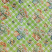 Tecido Tricoline Maragarida Vasos Xadrez Verde