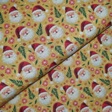 Tecido Tricoline Rostinhos de Papai Noel Fd Amarelo 