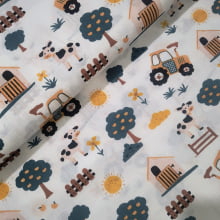 Tecido Popeline Animais da Fazenda Azul