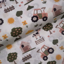 Tecido Popeline Animais da Fazenda Cor de Rosa