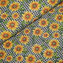 Tecido Popeline Girassóis fd Xadrez Preto