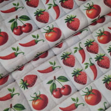 Tecido Digital Tricoline Frutas Bordadas Ponto Cruz Vermelho