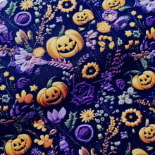 Tecido Tricoline Halloween Aboboras e Flores de Crochê