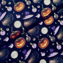 Tecido Tricoline Halloween Caldeirão e Aboboras 