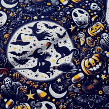 Tecido Tricoline Halloween Bruxinha e Gatinho
