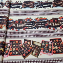 Tecido Tricoline Barrados Bolos e Doces 