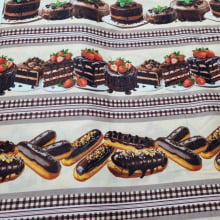Tecido Tricoline Barrados Bolos e Doces 