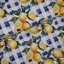Tecido Tricoline Digital Limões Sicilianos fd Xadrez Azul 