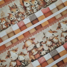 Tecido Tricoline Barrado Digital Animais Fofos Marrom e Branco  