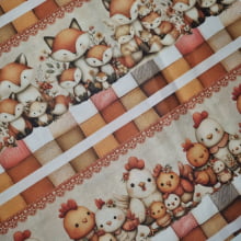 Tecido Tricoline Barrado Digital Animais Fofos Marrom e Branco  