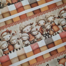 Tecido Tricoline Barrado Digital Animais Fofos Marrom e Branco  