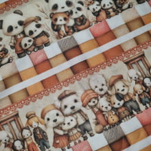 Tecido Tricoline Barrado Digital Animais Fofos Marrom e Branco  