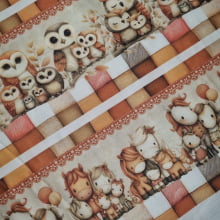 Tecido Tricoline Barrado Digital Animais Fofos Marrom e Branco  