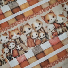 Tecido Tricoline Barrado Digital Animais Fofos Marrom e Branco  